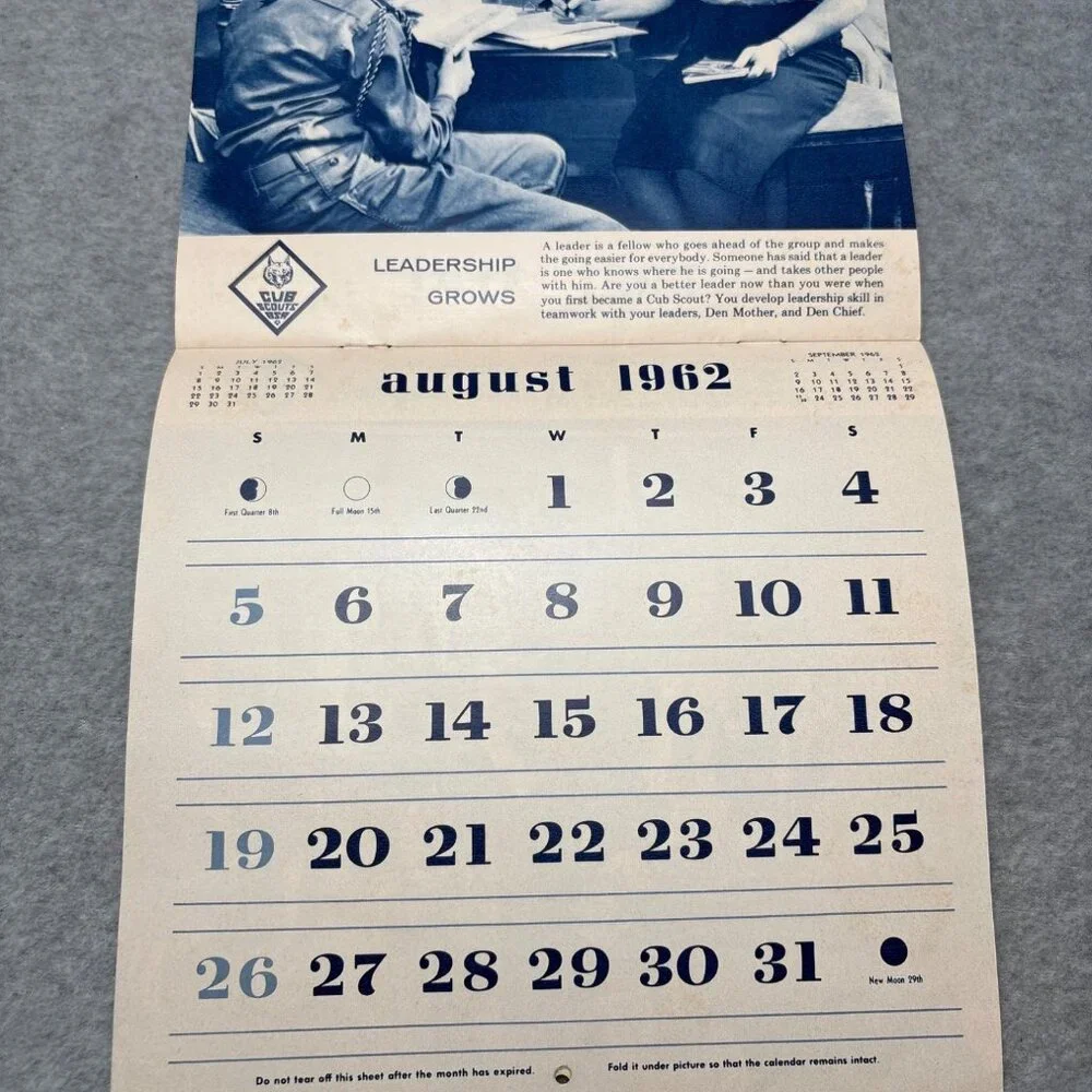Vintage 1962 Boy Cub Scout Calendar 7.5